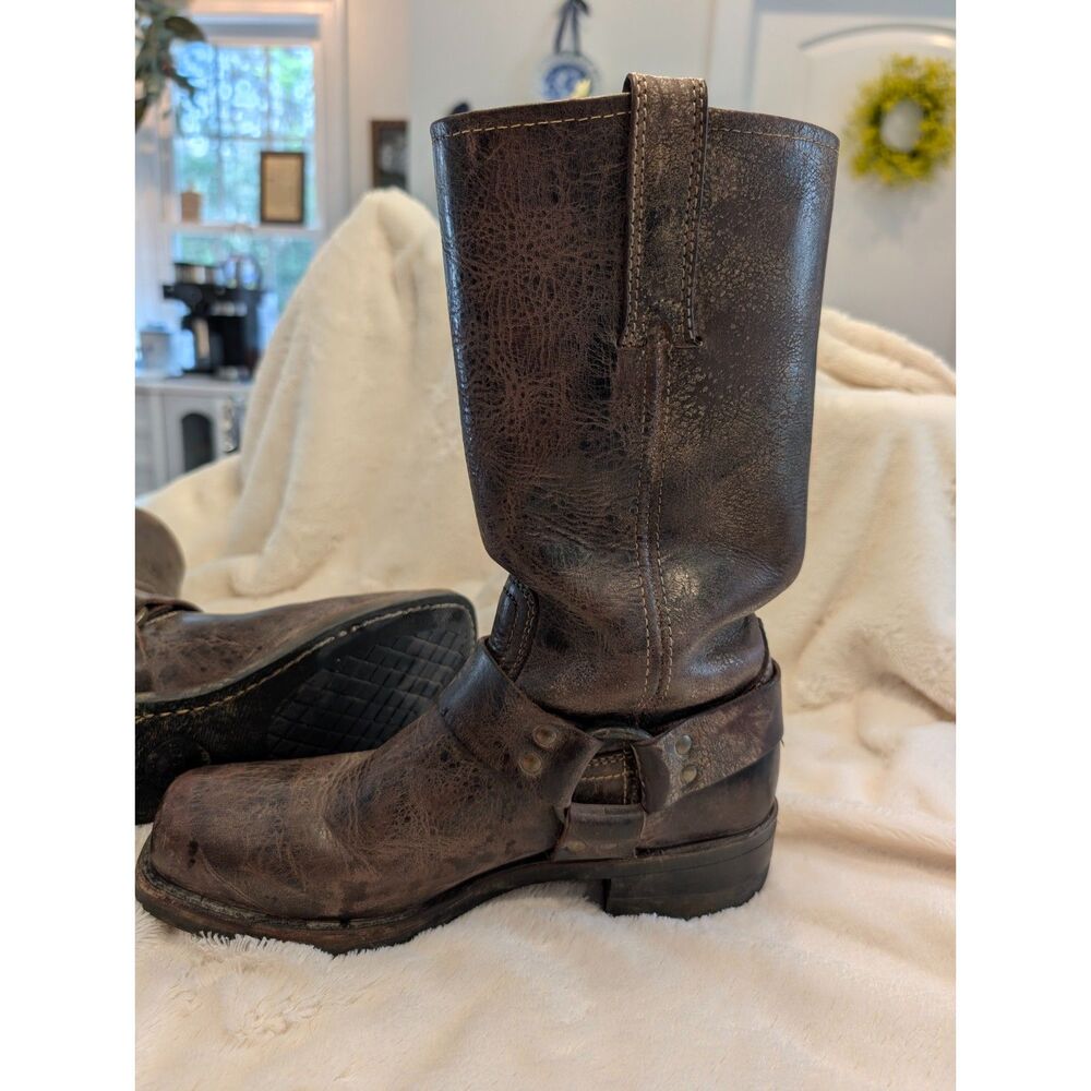 Frye Size 8M Harness 12R Leather Boots Cognac Brown Square Toe Distressed - Picture 6 of 16
